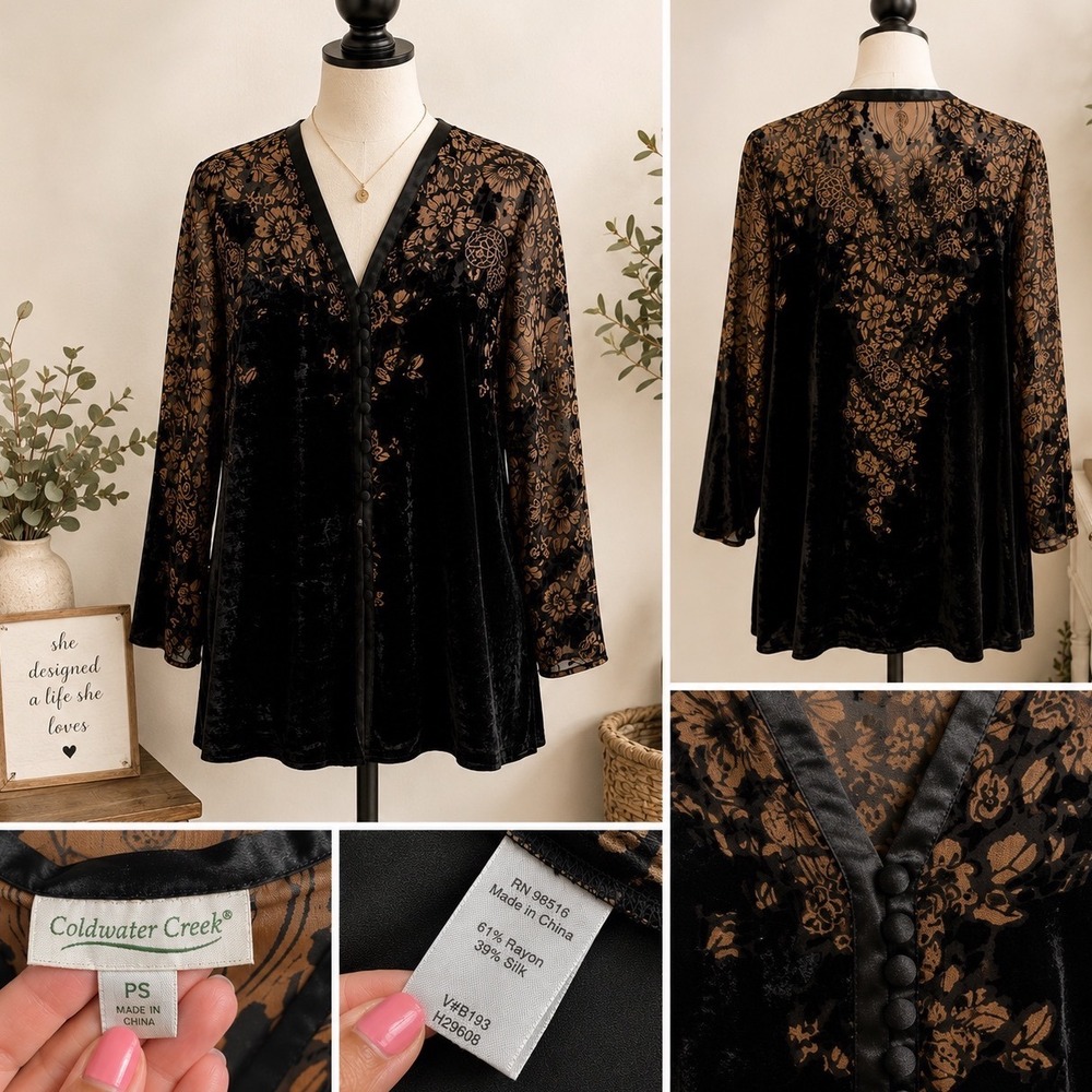 Coldwater Creek Silk Blend Burnout Velvet Tunic Womens PS Black Gold Whimsigoth